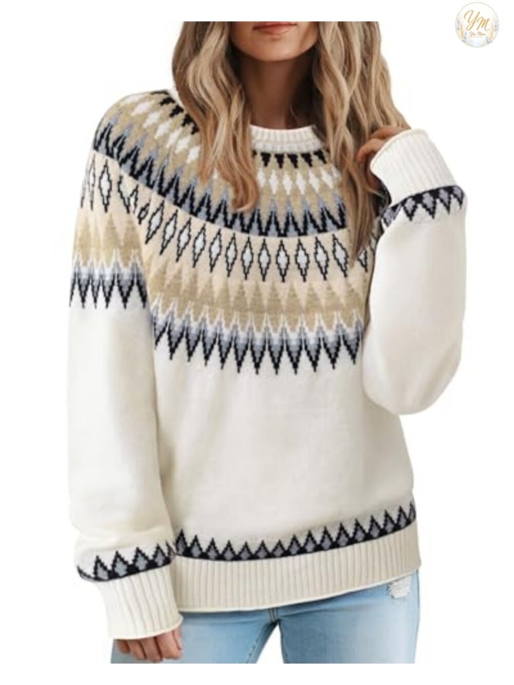 Vintage Fair Isle Sweater Women Color Block Cozy Knit Pullover